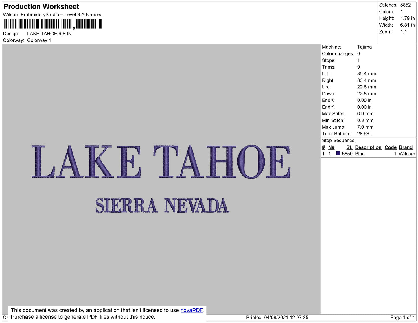 Lake Tahoe Embroidery File 4 size