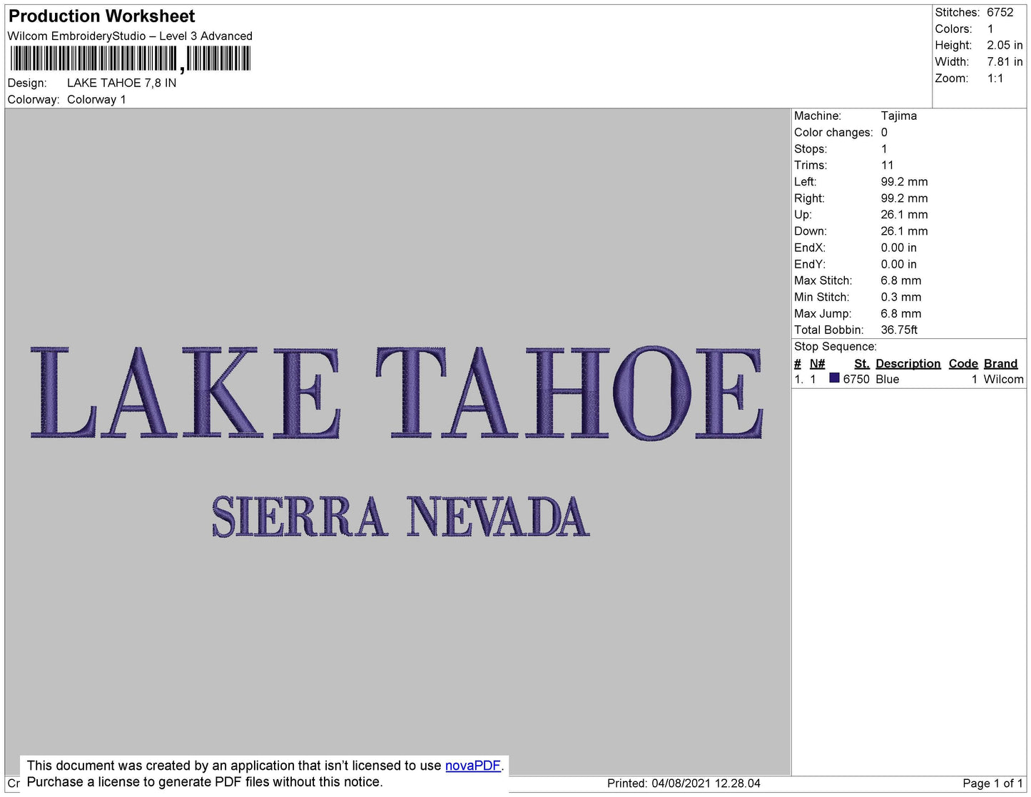 Lake Tahoe Embroidery File 4 size