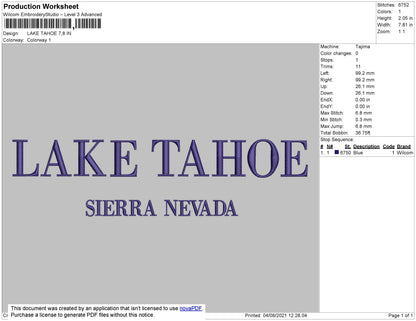 Lake Tahoe Embroidery File 4 size