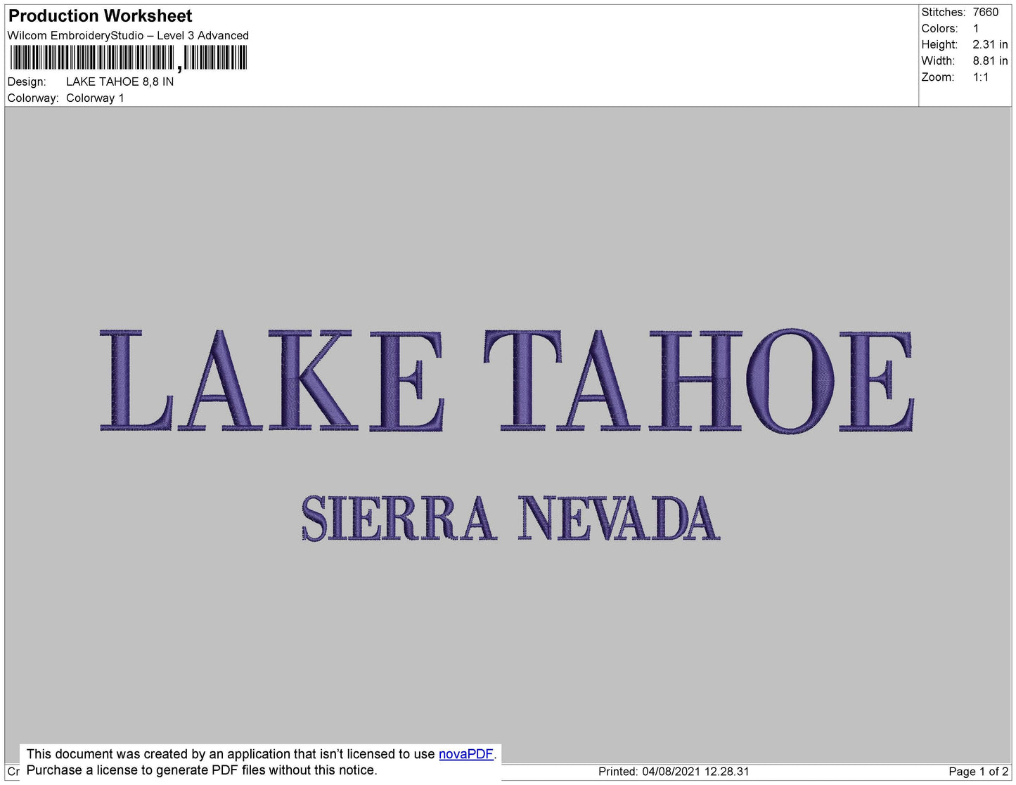 Lake Tahoe Embroidery File 4 size