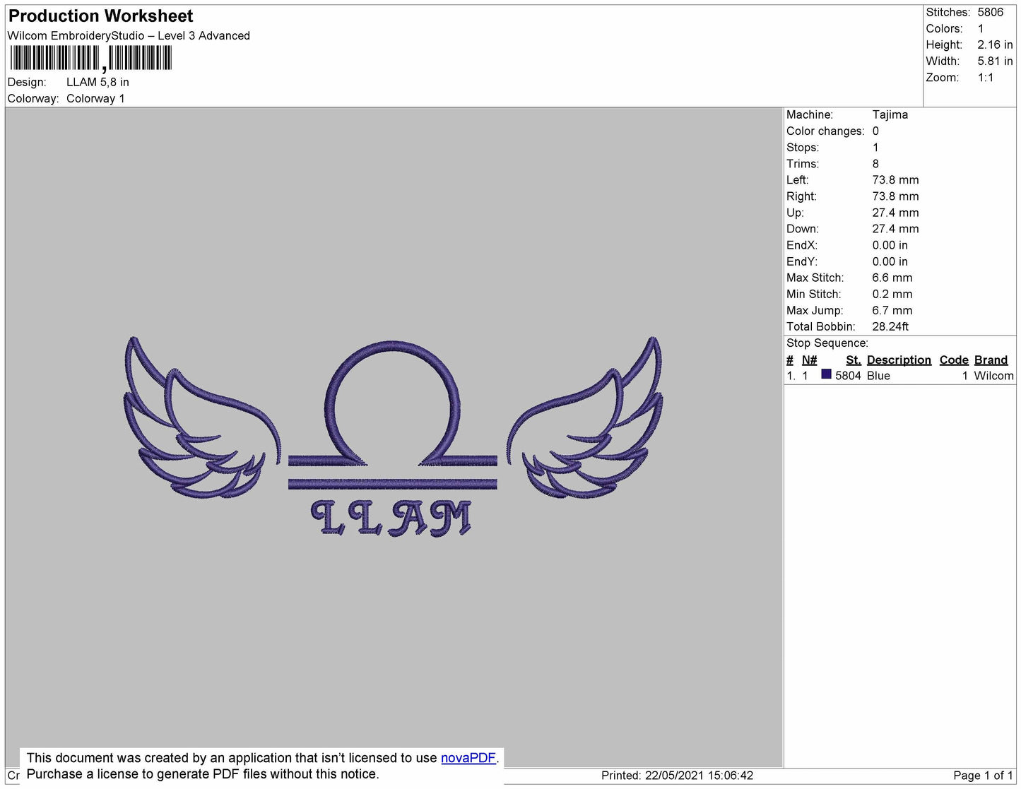 Angel Libra Sign embroidery file