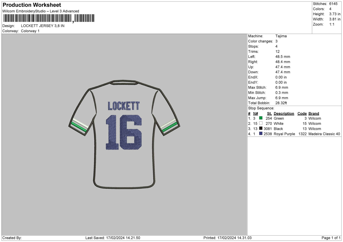 Jersey 16 Embroidery File 6 sizes