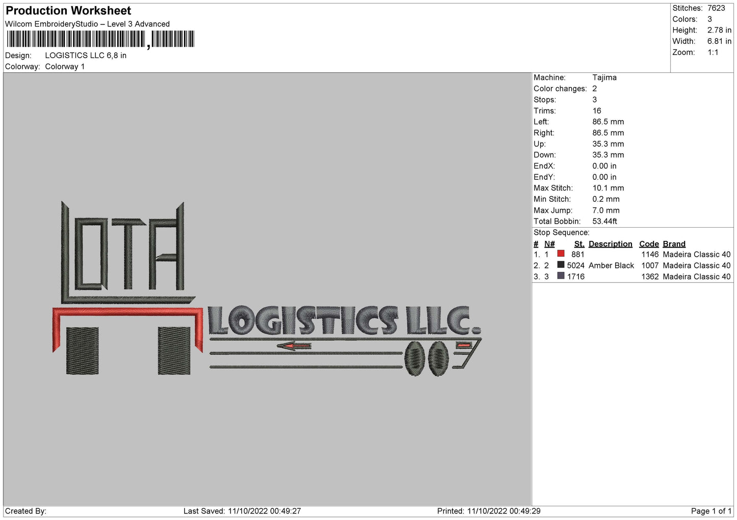 Logistic LLC Embroidery File 5 sizes