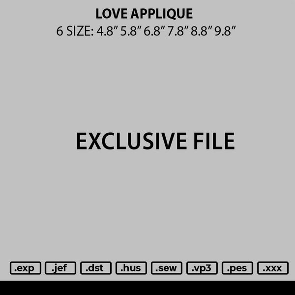 Love Applique Embroidery File 6 sizes