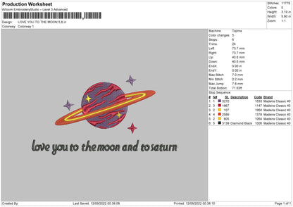 Love You To The Moon Embroidery File 5 sizes