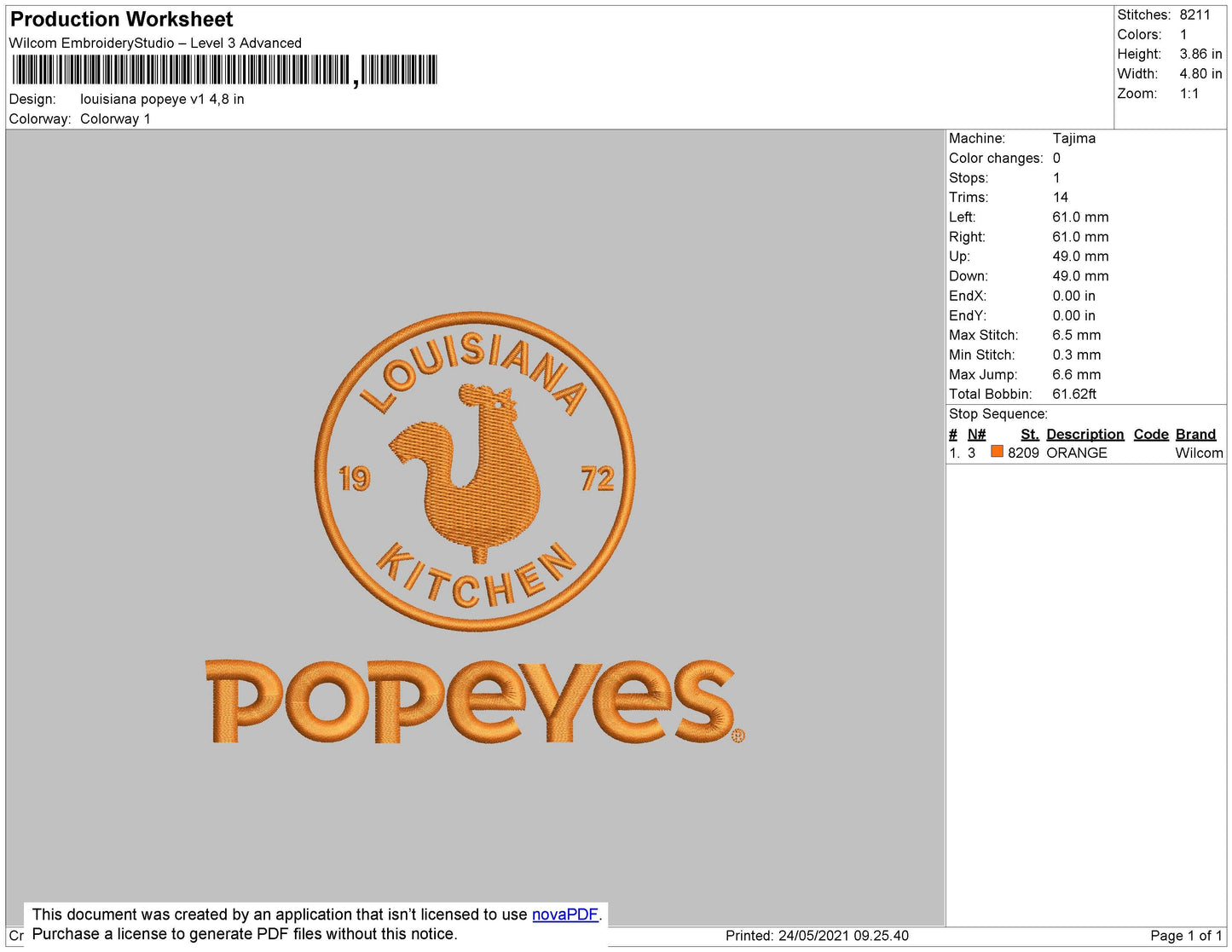 Louisiana Popeyes Embroidery File 4 Size