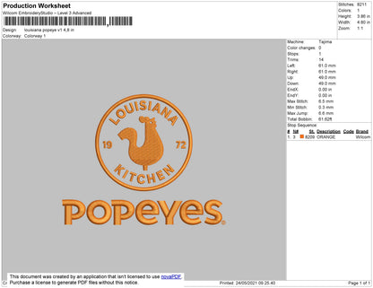 Louisiana Popeyes Embroidery File 4 Size