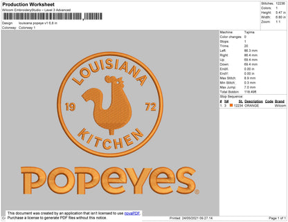 Louisiana Popeyes Embroidery File 4 Size