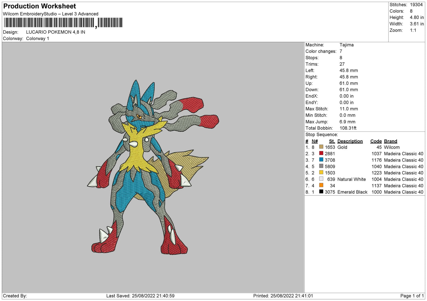 Lucario Pokemon Embroidery File 5 sizes