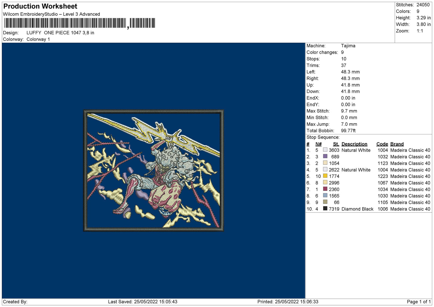 Luffy 1047 Embroidery File 4 size