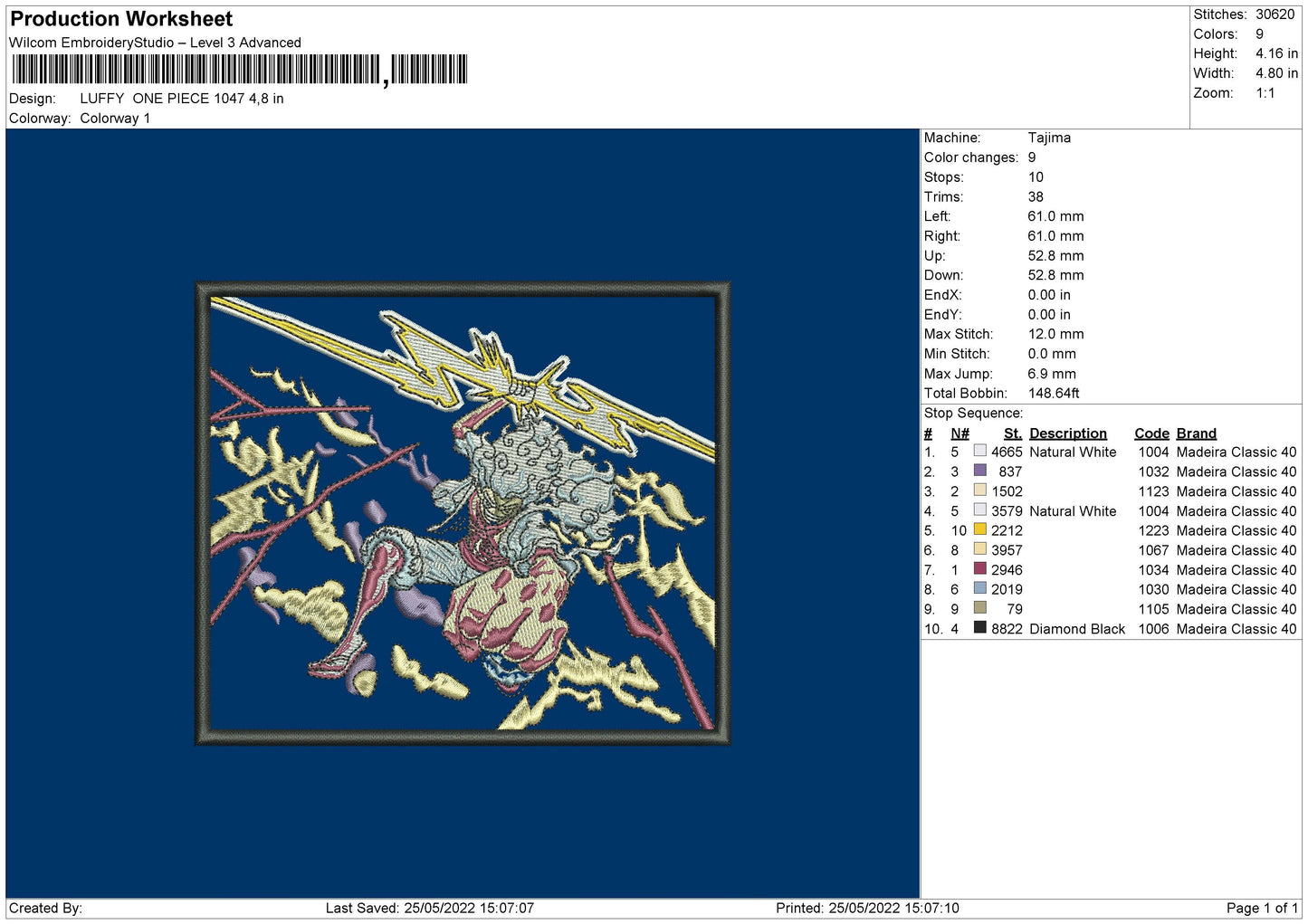 Luffy 1047 Embroidery File 4 size