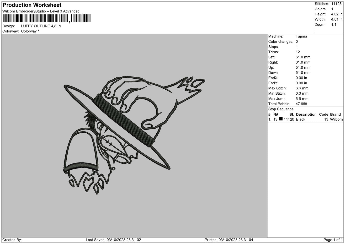 Luffy Outline Embroidery File 6 sizes