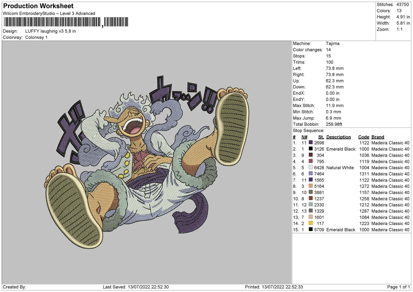 Luffy Laughing V3 Embroidery File 4 sizes