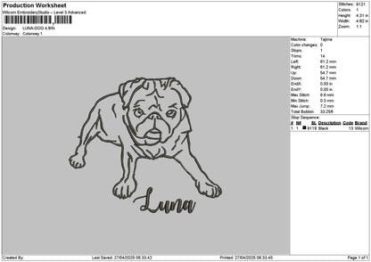 Luna Dog Embroidery File 6 sizes