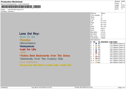 Lana Songs Embroidery File 6 sizes
