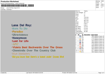 Lana Songs Embroidery File 6 sizes