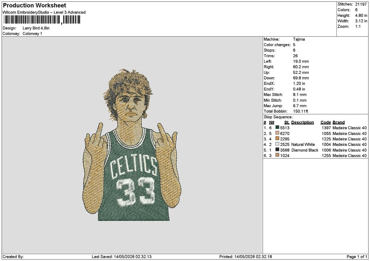 Player 33 Embroidery File 6 sizes