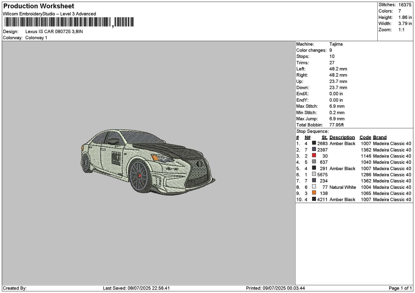 White Car 0807a Embroidery File 6 sizes