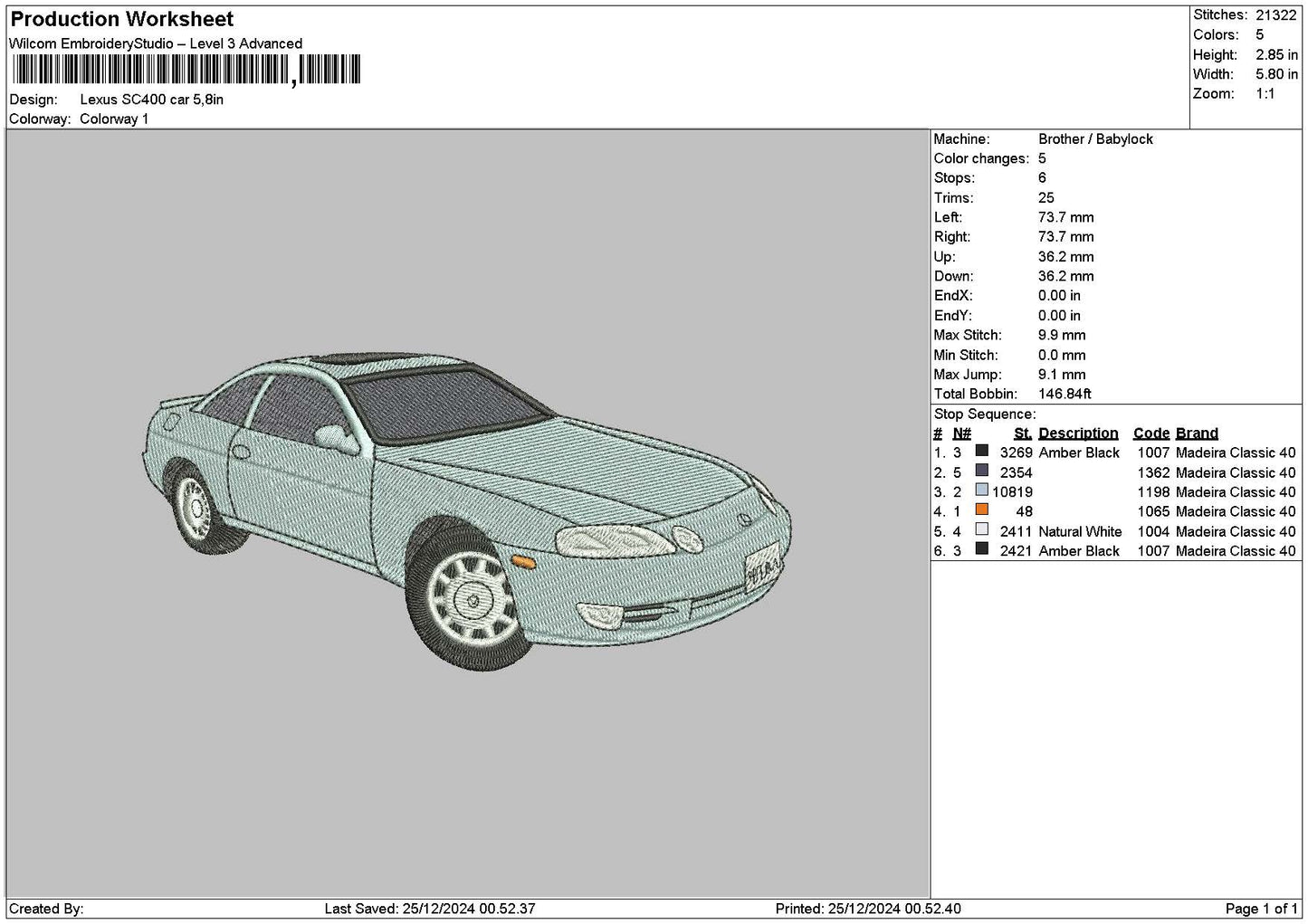 Car 2512 Embroidery File 6 sizes