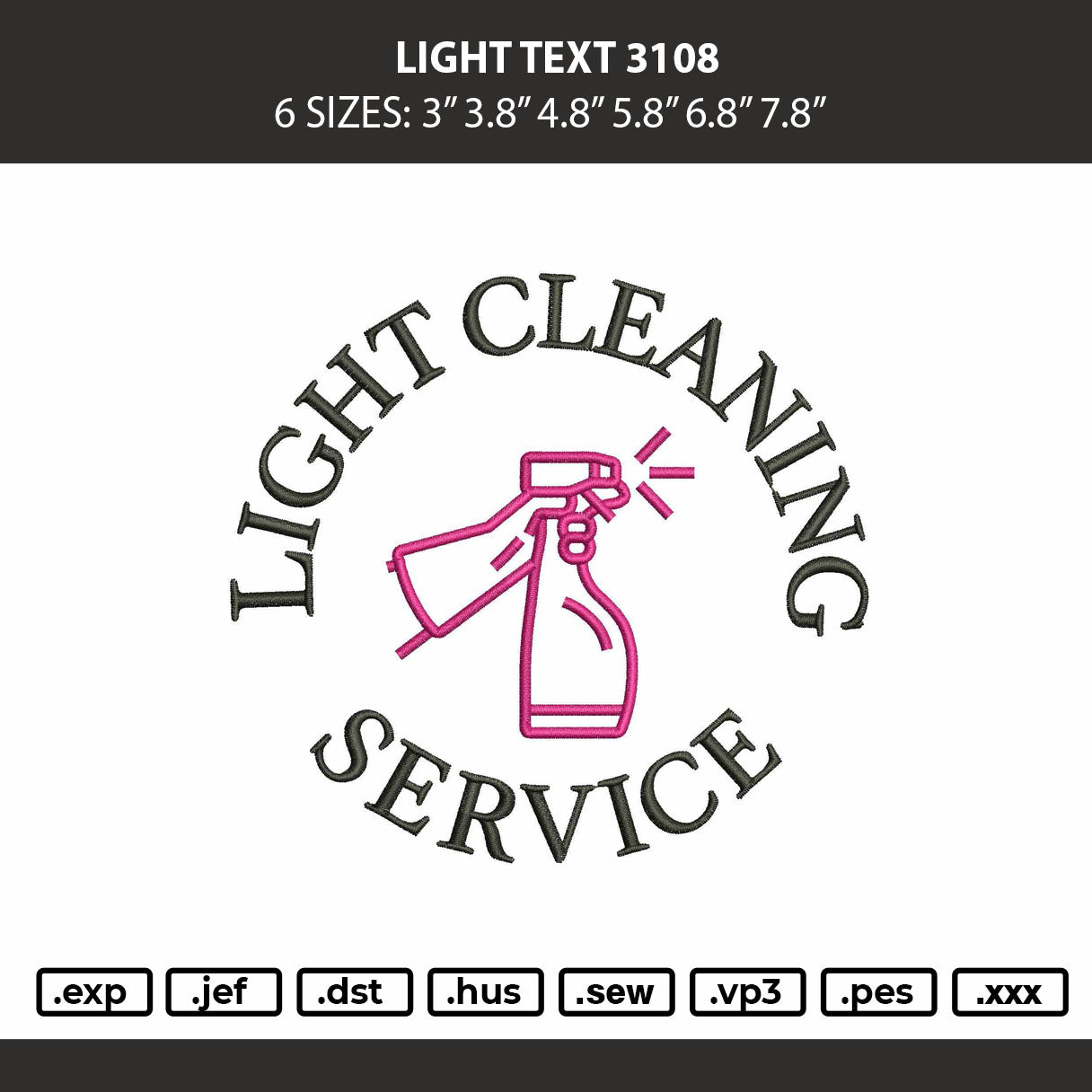 Light Text 3108 Embroidery Machine Design File 6 sizes