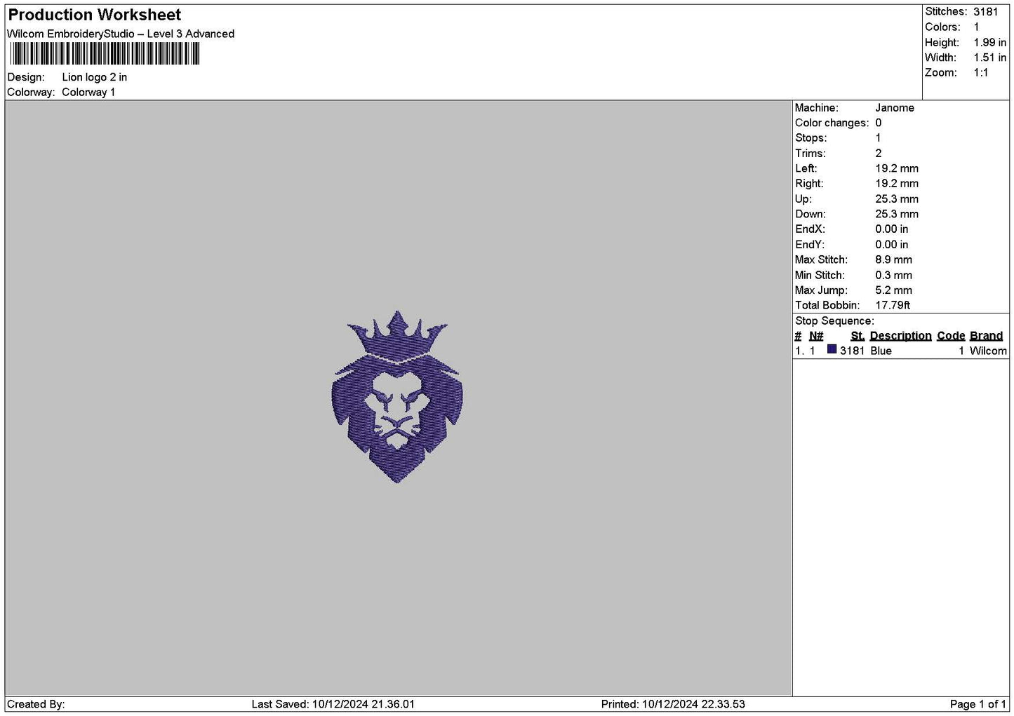 Small Lion Embroidery File 6 sizes