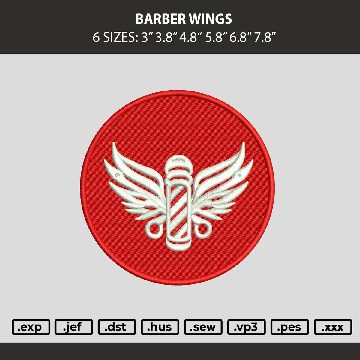 Barber Wings Embroidery Machine Design File 6 sizes