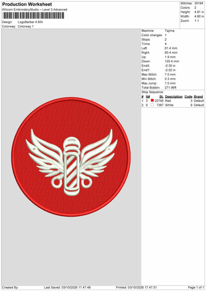 Barber Wings Embroidery Machine Design File 6 sizes