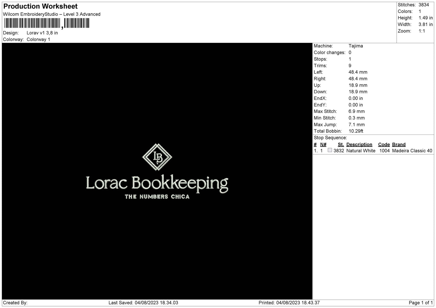 Lorac V1 Embroidery File 6 sizes