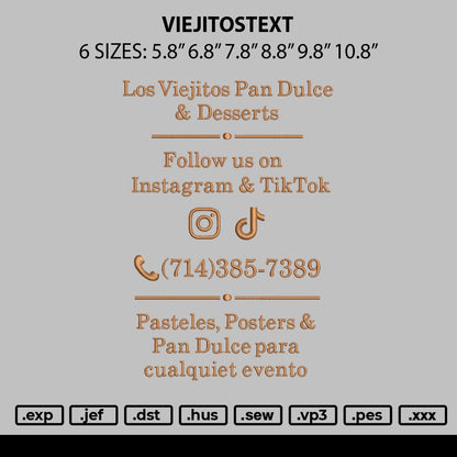 Viejitostext Embroidery Machine Design File 6 sizes