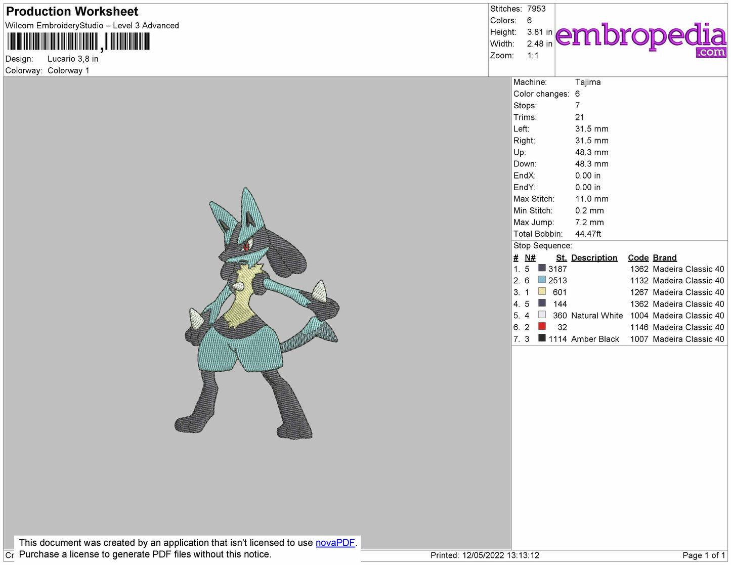 Lucario Embroidery File 4 size