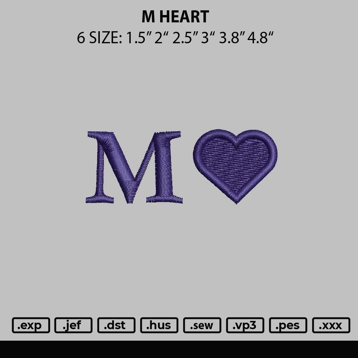 M Heart Embroidery Design File, 6 Sizes