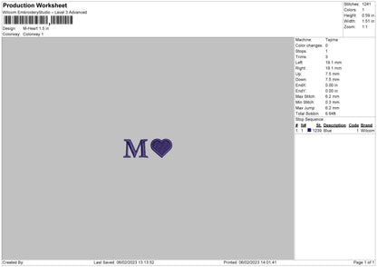 M Heart Embroidery Design File, 6 Sizes