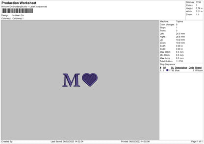 M Heart Embroidery Design File, 6 Sizes