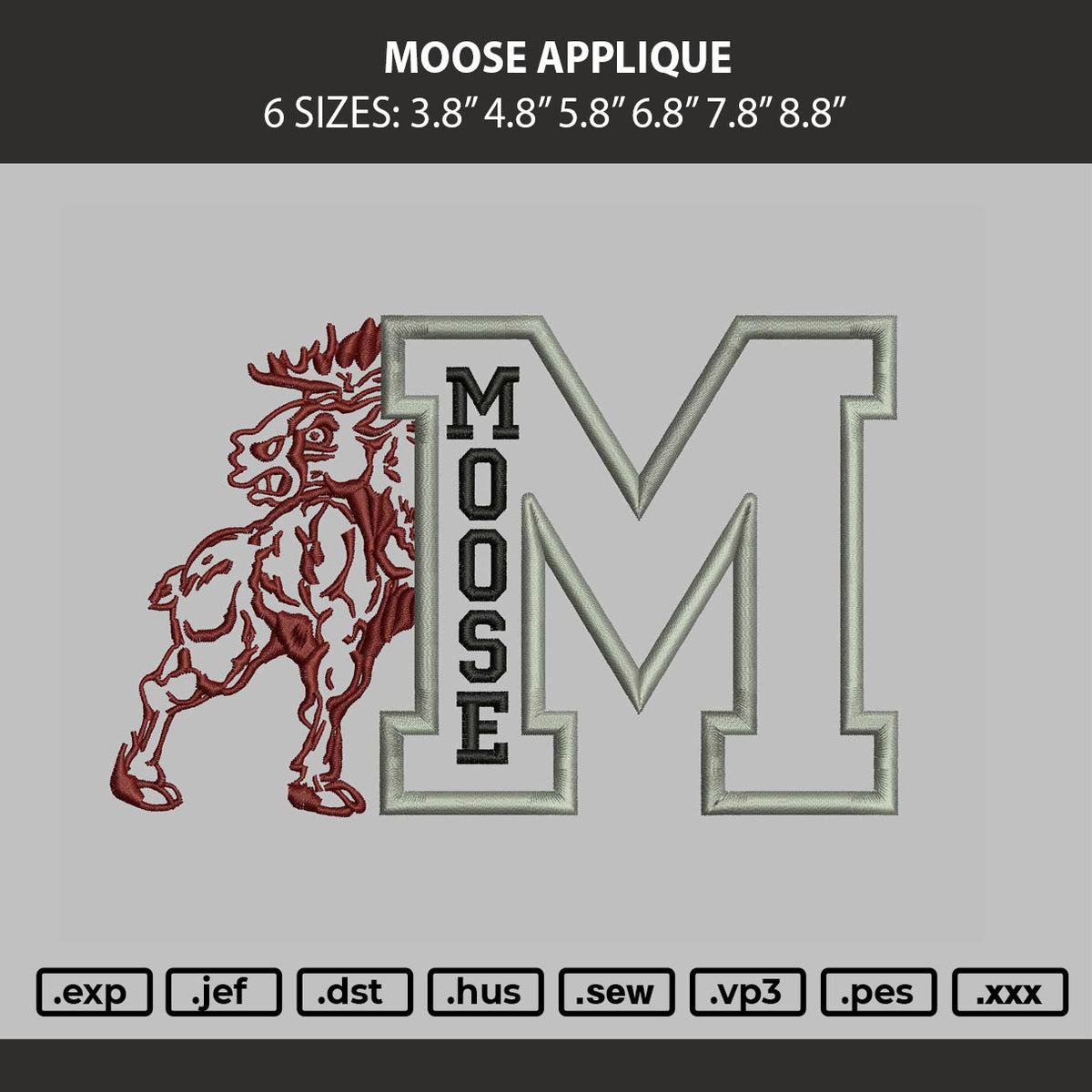 Moose Applique Embroidery Machine Design File 6 sizes