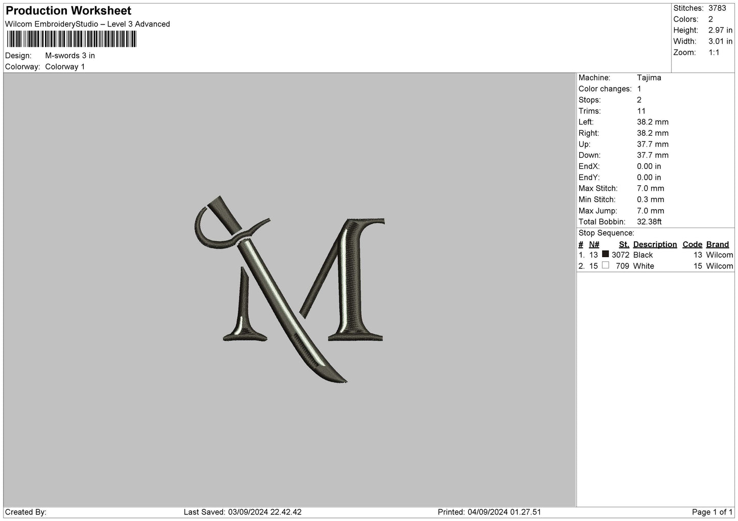 M Sword Embroidery File 6 sizes