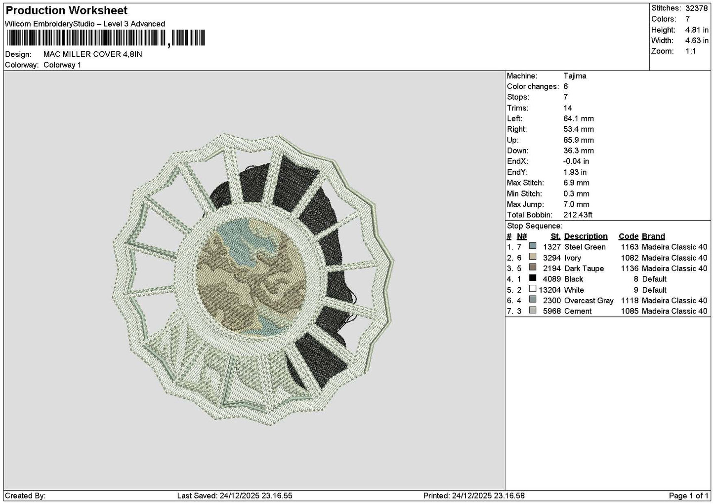 Miller Cover 2412 Embroidery File 6 sizes