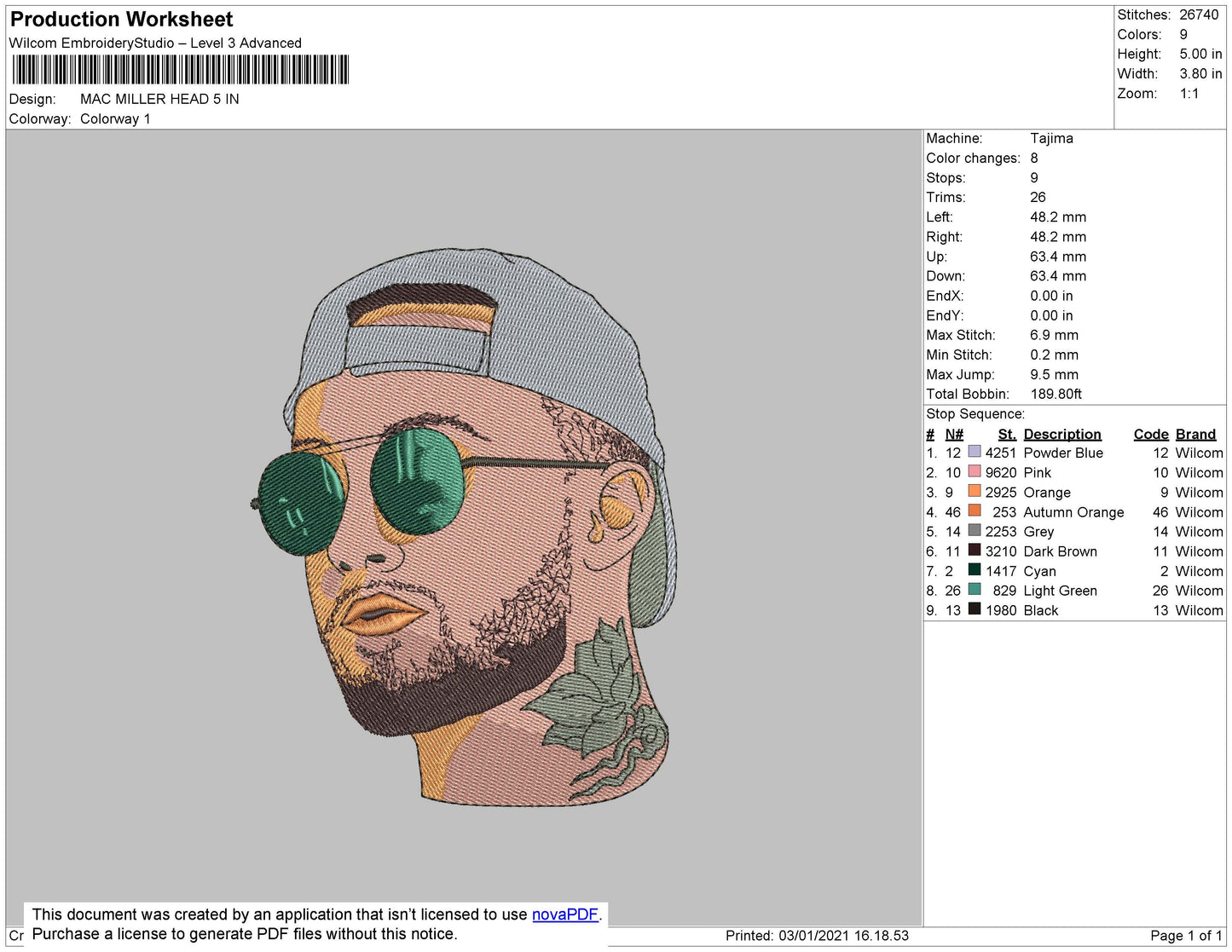 Mac Miller Head Embroidery File 6 size
