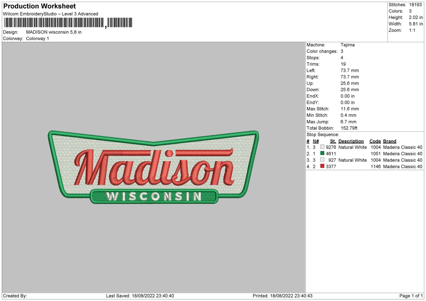 Madison Wisconsin Embroidery File 5 sizes
