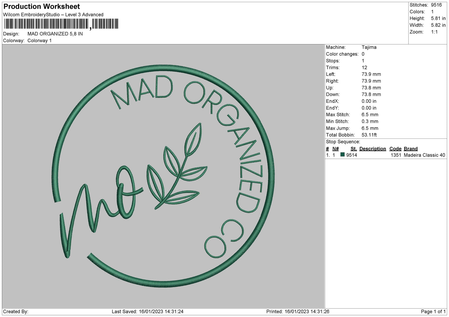 Mad Organized Embroidery File 6 sizes