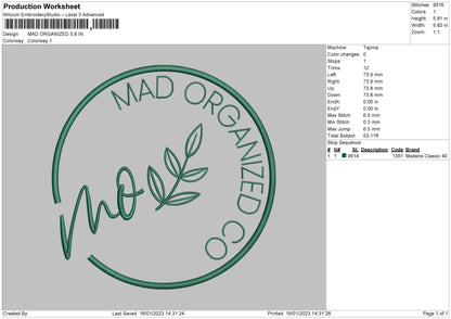 Mad Organized Embroidery File 6 sizes