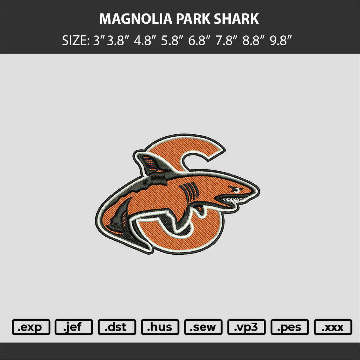 MAGNOLIA PARK SHARK Embroidery Machine Design File 6 sizes