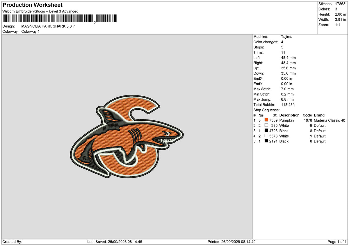 MAGNOLIA PARK SHARK Embroidery Machine Design File 6 sizes