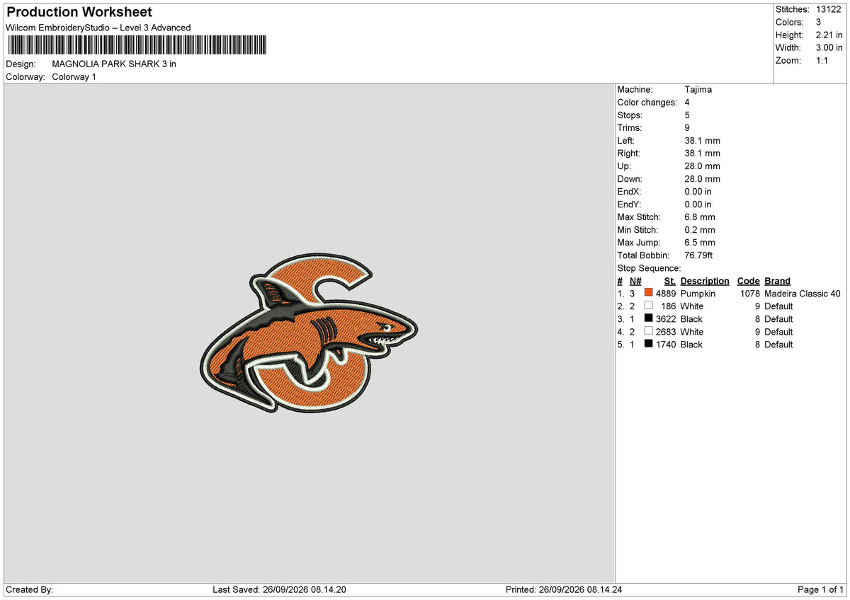 MAGNOLIA PARK SHARK Embroidery Machine Design File 6 sizes