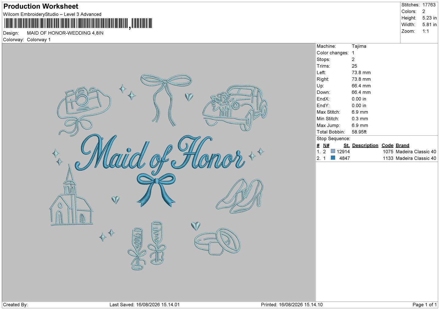 Maid Of Honor Embroidery Machine Design File 6 sizes