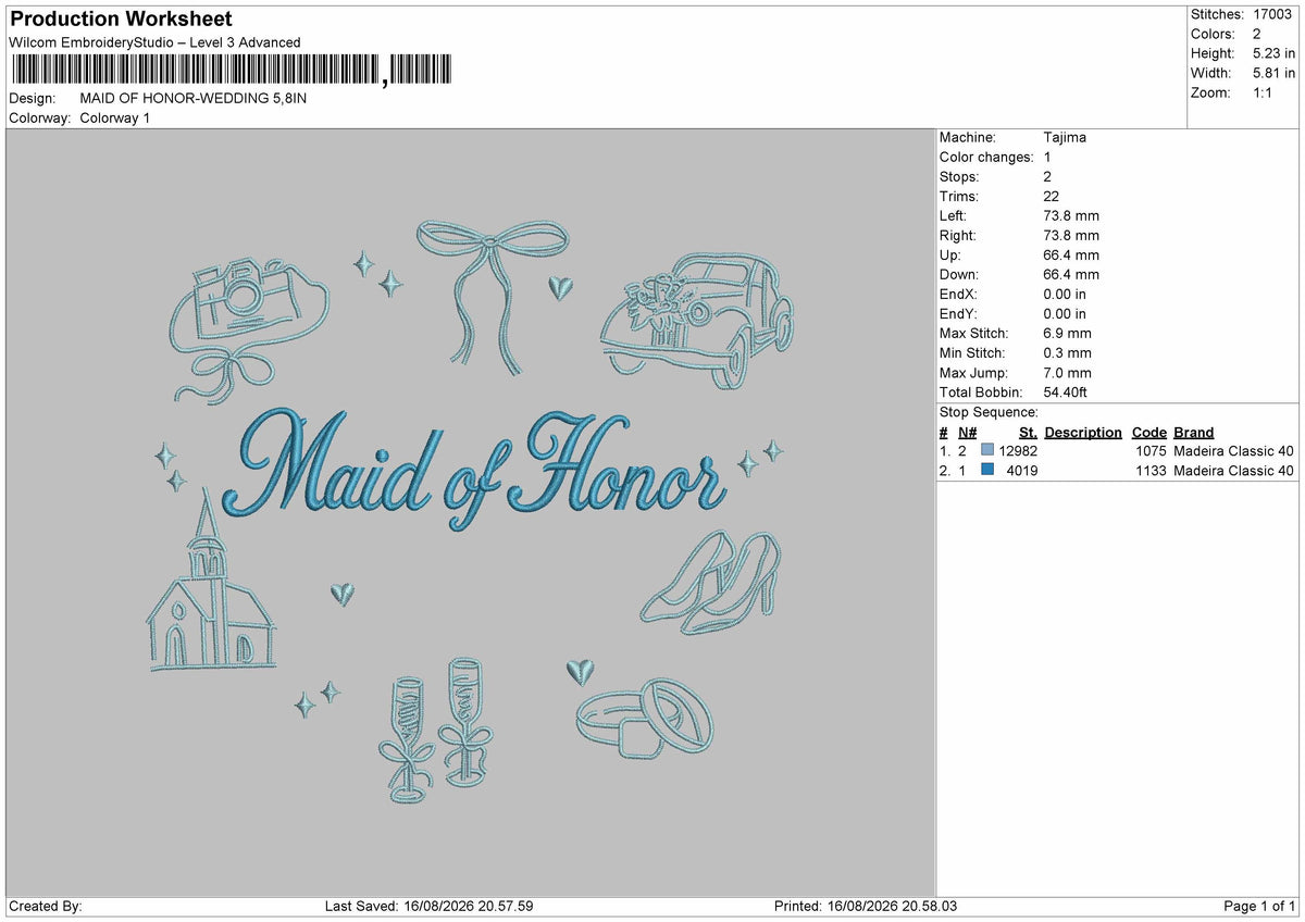 Maid Of Honor Embroidery Machine Design File 6 sizes