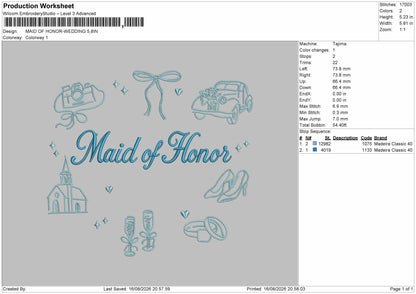 Maid Of Honor Embroidery Machine Design File 6 sizes
