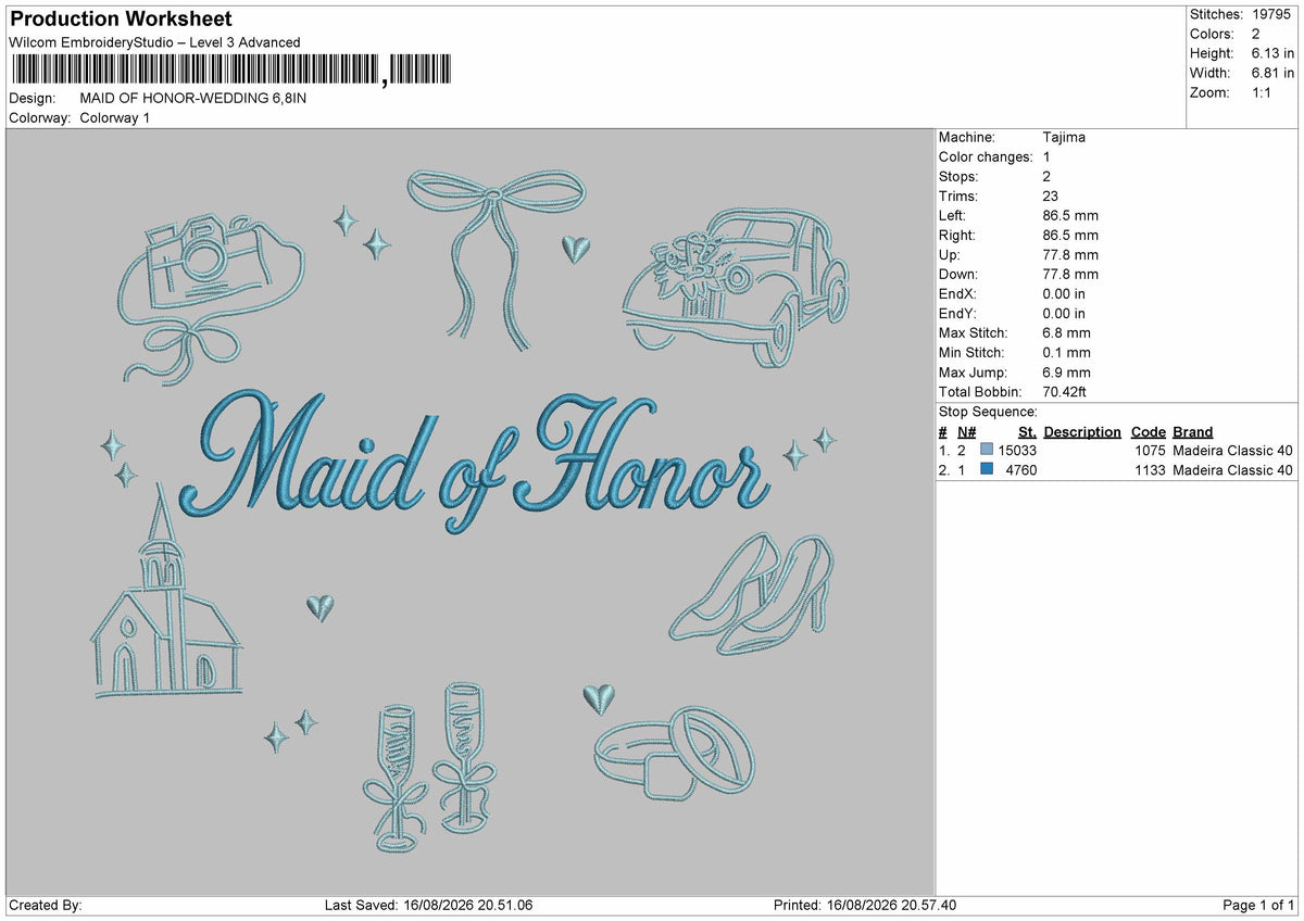Maid Of Honor Embroidery Machine Design File 6 sizes