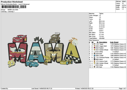 Mama Cars Embroidery File 6 sizes
