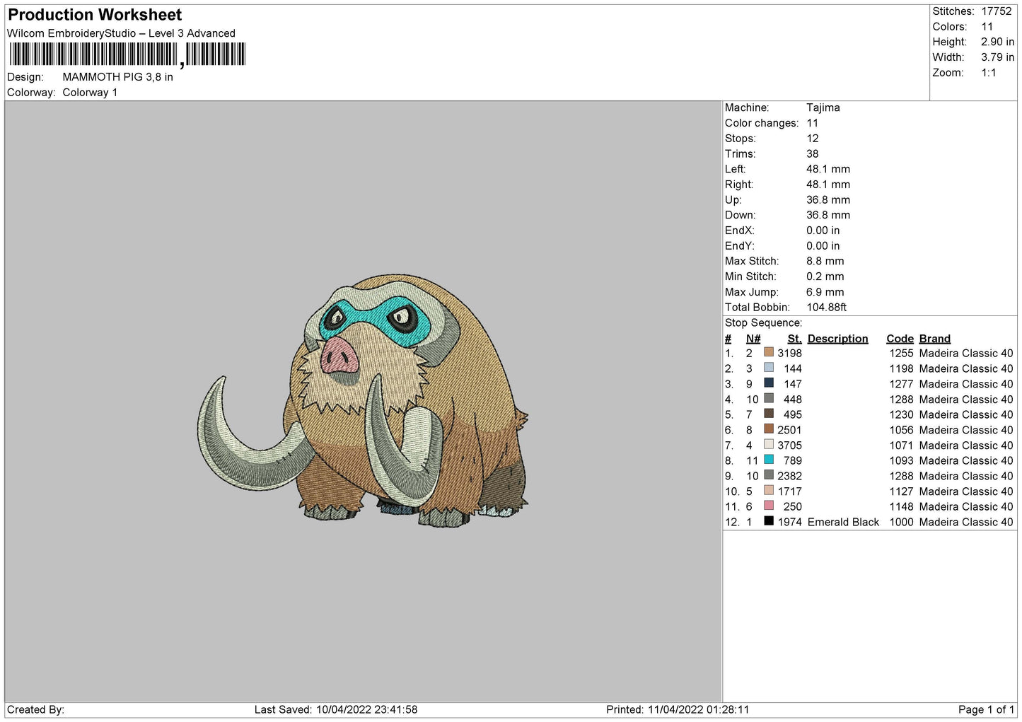 Mammoth Pig Embroidery File 4 size