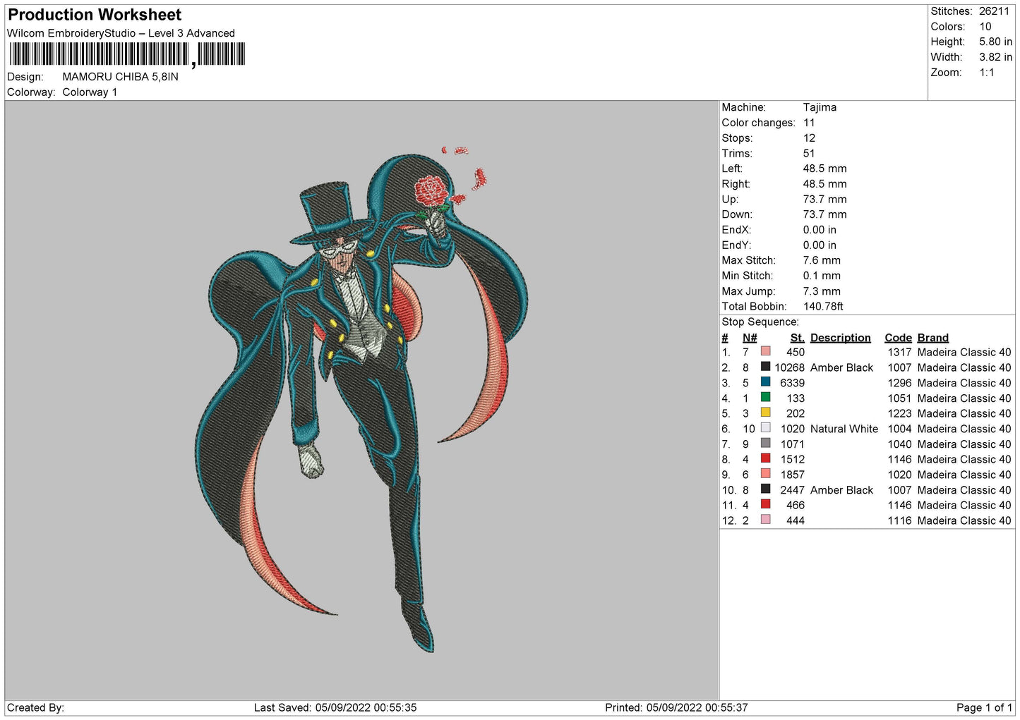 Mamoru Chiba Embroidery File 5 sizes